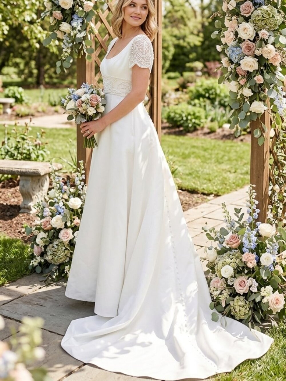 Size 10 Wedding Gown Beaded Cap Sleeves Covered Button/Zip Back